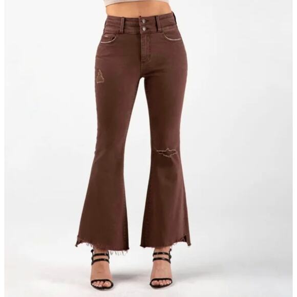 CEROS Phoenix Flare Jeans Size 32 Mocha High Rise Distressed Retro‎ Boho Hippie - Picture 1 of 13